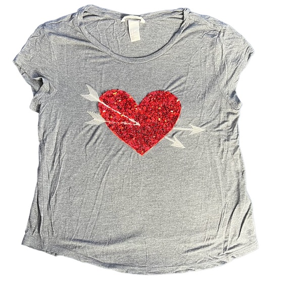 Sequin Checkered Heart Round Neck Short Sleeve T-Shirt